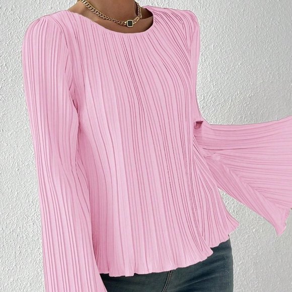 Baby Pink Boho Womens Solid Lettuce Trim Plisse Trumpet Sleeve Blouse - Picture 5 of 5